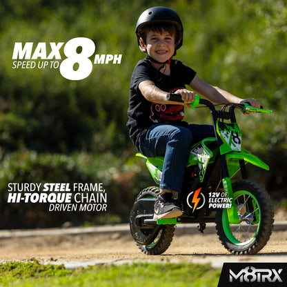 Green 12V Mini Electric Child Dirt Bike, Battery Powered Toy Motorcycle, Kids Ride On, Ages 5 Years and Up